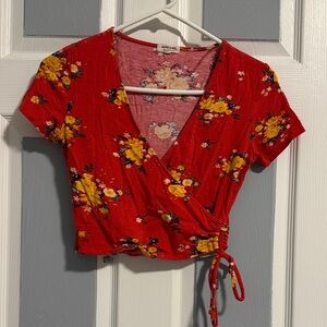 Heart & Hips Red Floral Wrap Crop Top